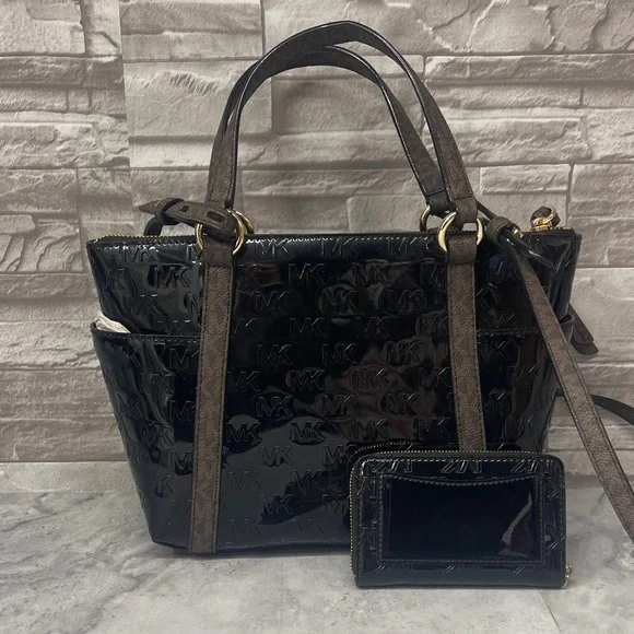 Michael Kors Sullivan Patent Leather Black and Brown Satchel Crossbody & Wallet - Picture 4 of 14